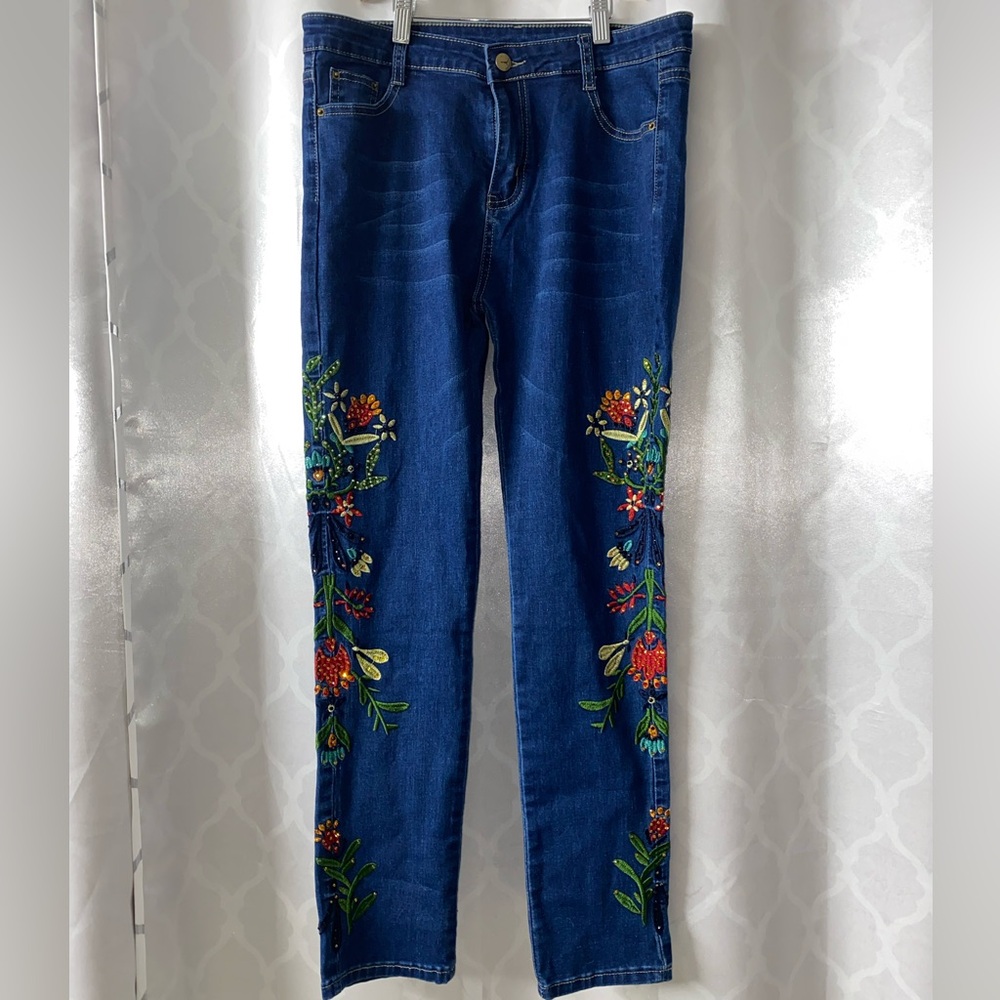 Embroidered and bedazzled flower Jeans